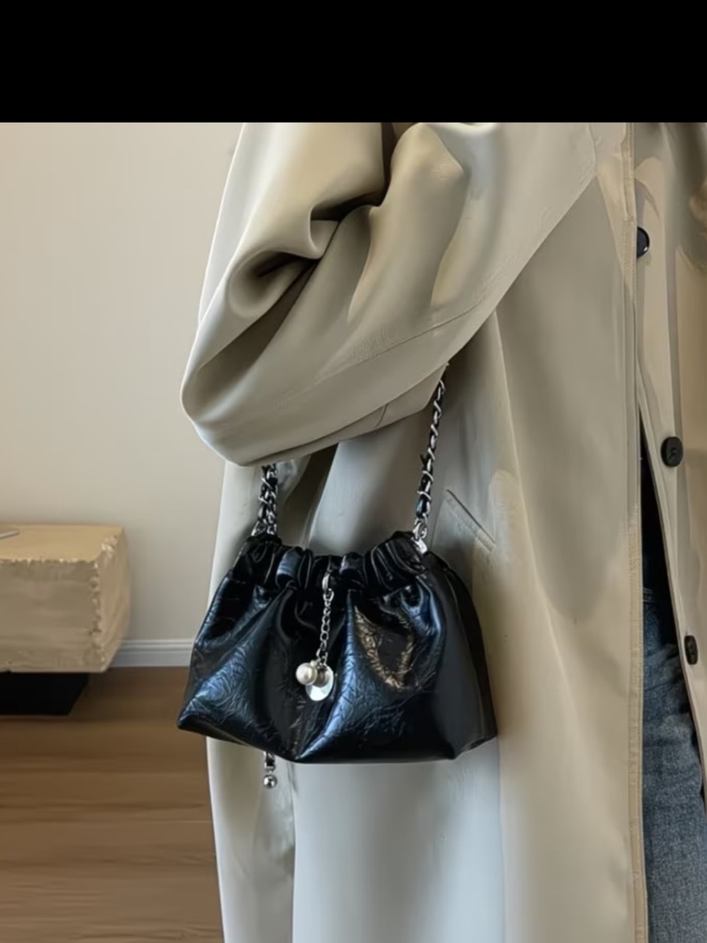 Black Chain-Accent Drawstring Shoulder Bag
